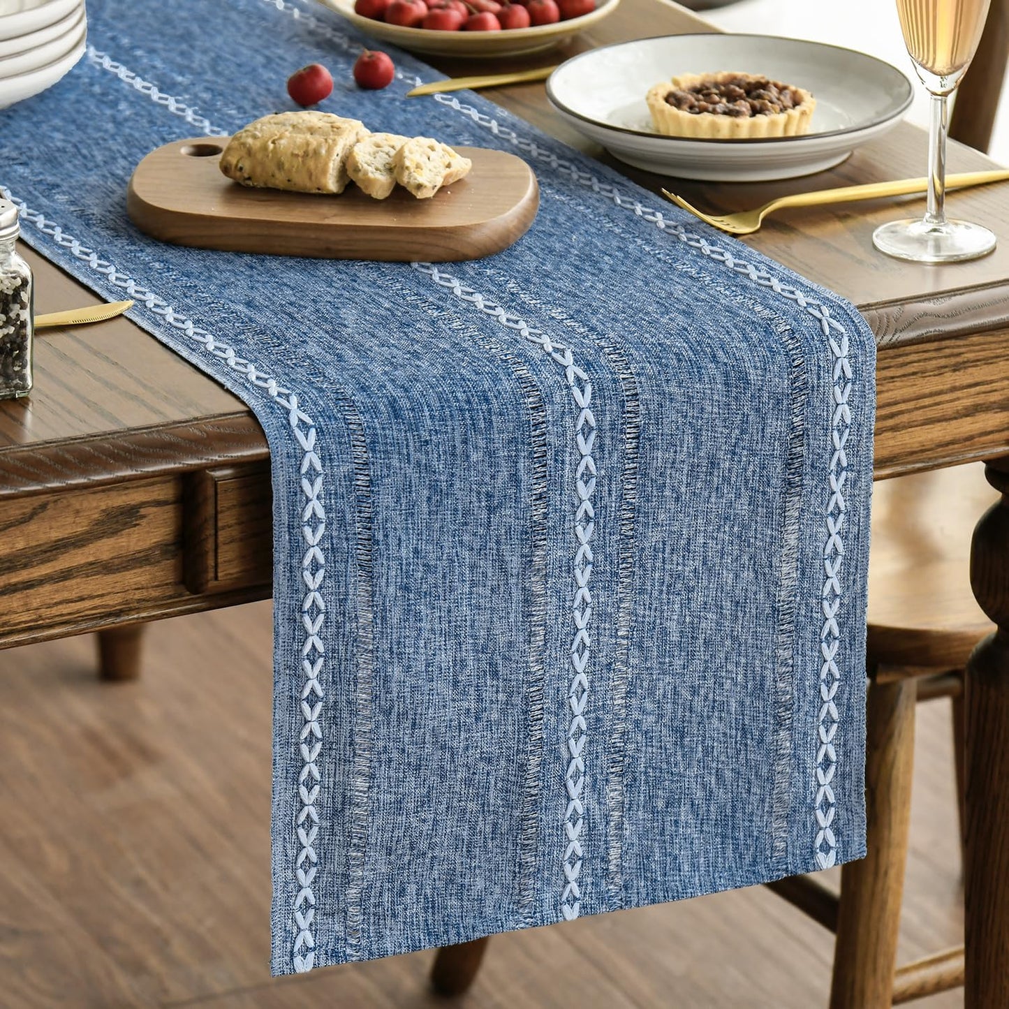 Artoid Mode Blue Rustic Cotton Linen Table Runner, Seasonal Embroidered Hollow Kitchen Dining Table Decoration for Home Party Decor 13x108 Inch