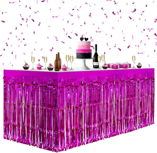 2 Pack Rose Red Table Skirts, 29x108" Metallic Foil Tinsel Fringe Table Skirts for Rectangle Tables Streamer Curtains Backdrop, Party Decorations for Birthdays Weddings Holidays