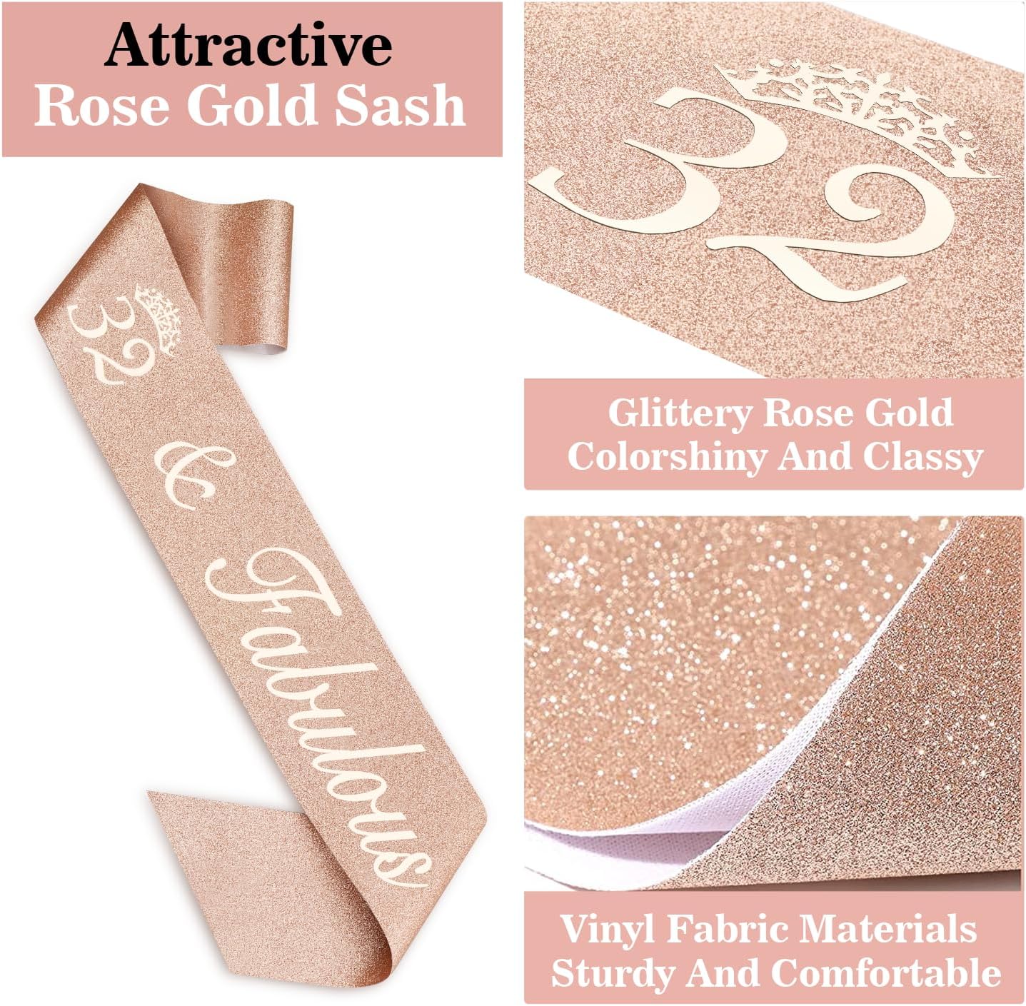 32 Birthday Decorations for Women Including Birthday Sash, Crown/Tiara, Candles and Cake Topper, 32 Year Old Gifts for Women, Rose Gold Party Decor Supplies