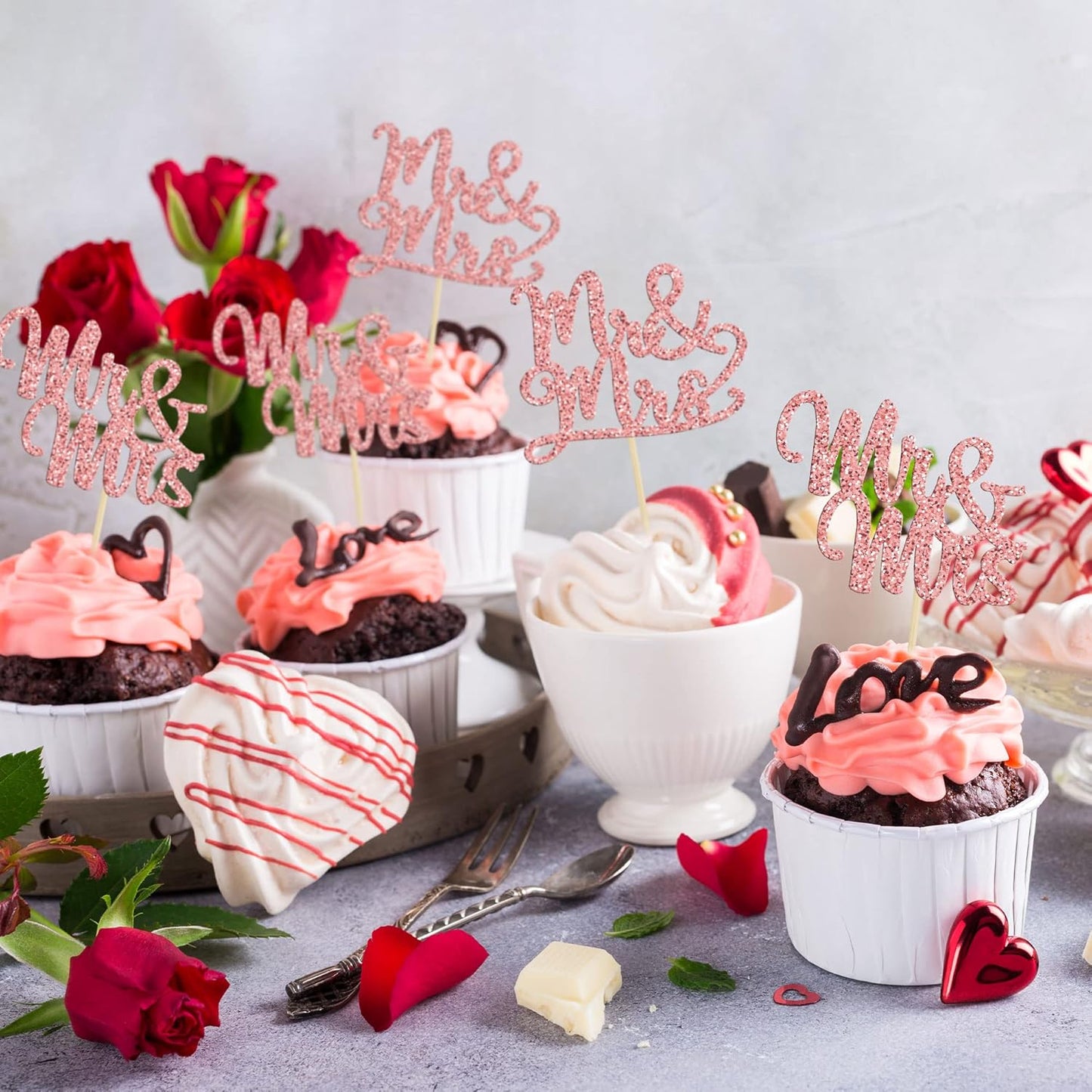 Gyufise Rose Gold Mr & Mrs Cupcake Toppers Love Cake Decorations for Wedding & Bridal Shower Party Supplies