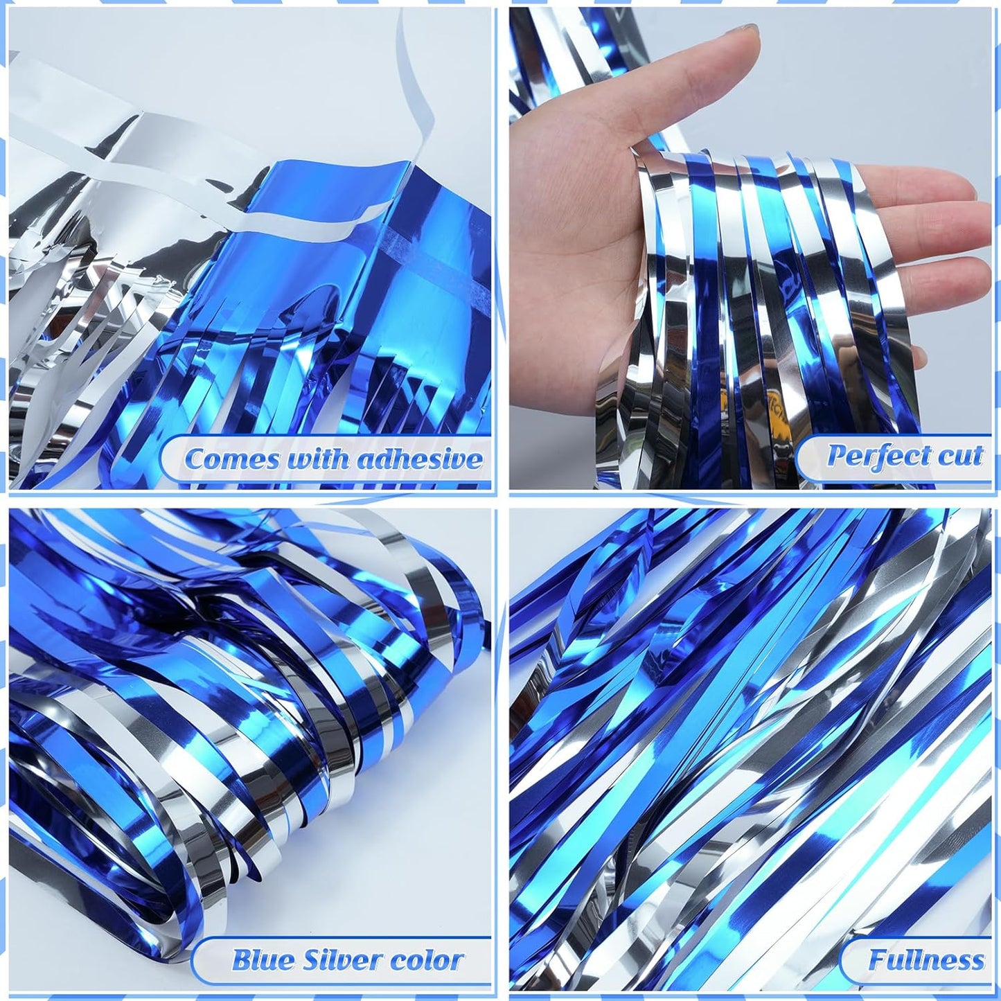 3Pack 3.3Ft x 6.6Ft Graduation Foil Fringe Curtain Backdrop Decorations, Blue Silver Metallic Tinsel Foil Streamers Curtain Photo Booth Background for Graduation Prom Wedding Birthday Party Decoration