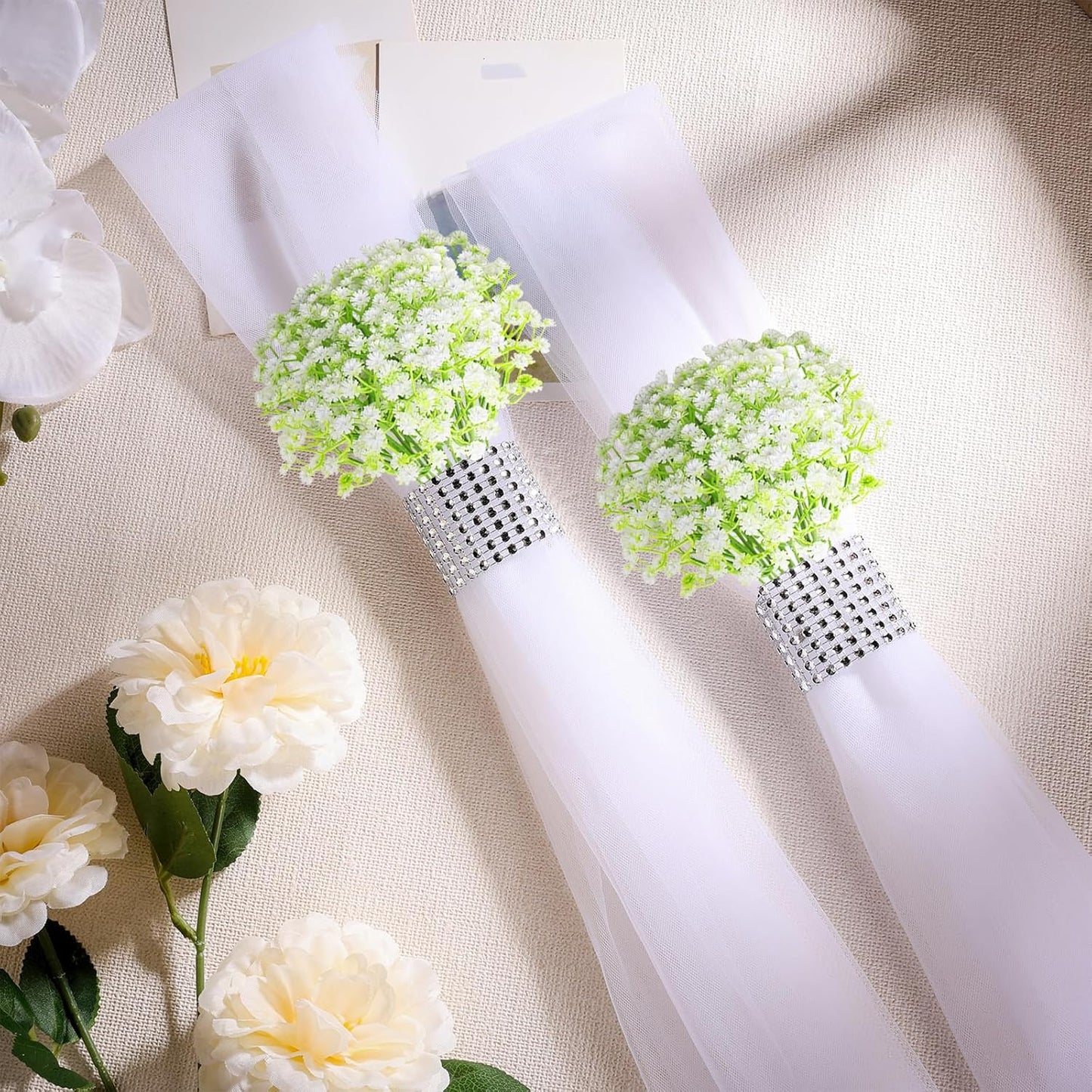 Olgaa Wedding Aisle Decorations for Ceremony Set of 24 Wedding Chair Pew Flowers Church Decorations with Artificial Baby’s Breath and Rhinestone for Weddings Party Bench Aisle (Baby’s Breath)