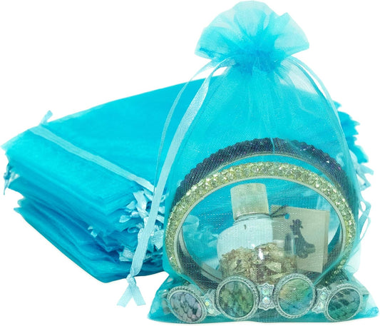 TheDisplayGuys 100-Pack 4x6 Turquoise Blue Sheer Organza Gift Bags with Drawstring, Jewelry Candy Treat Wedding Party Favors Mesh Pouch