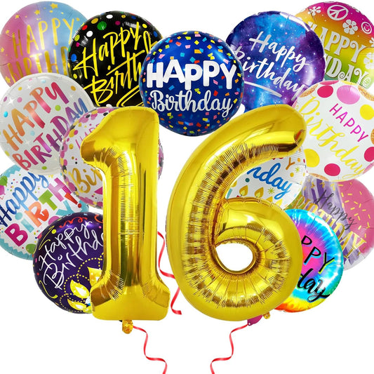 50 Pcs Happy Birthday Party Aluminum Foil Balloons and 16th Birthday Balloons, 18 Inch Round Aluminum Foil Balloon with" Happy Birthday" Sign, Birthday Party Decorations for Boys/Girls(Yellow, 16)