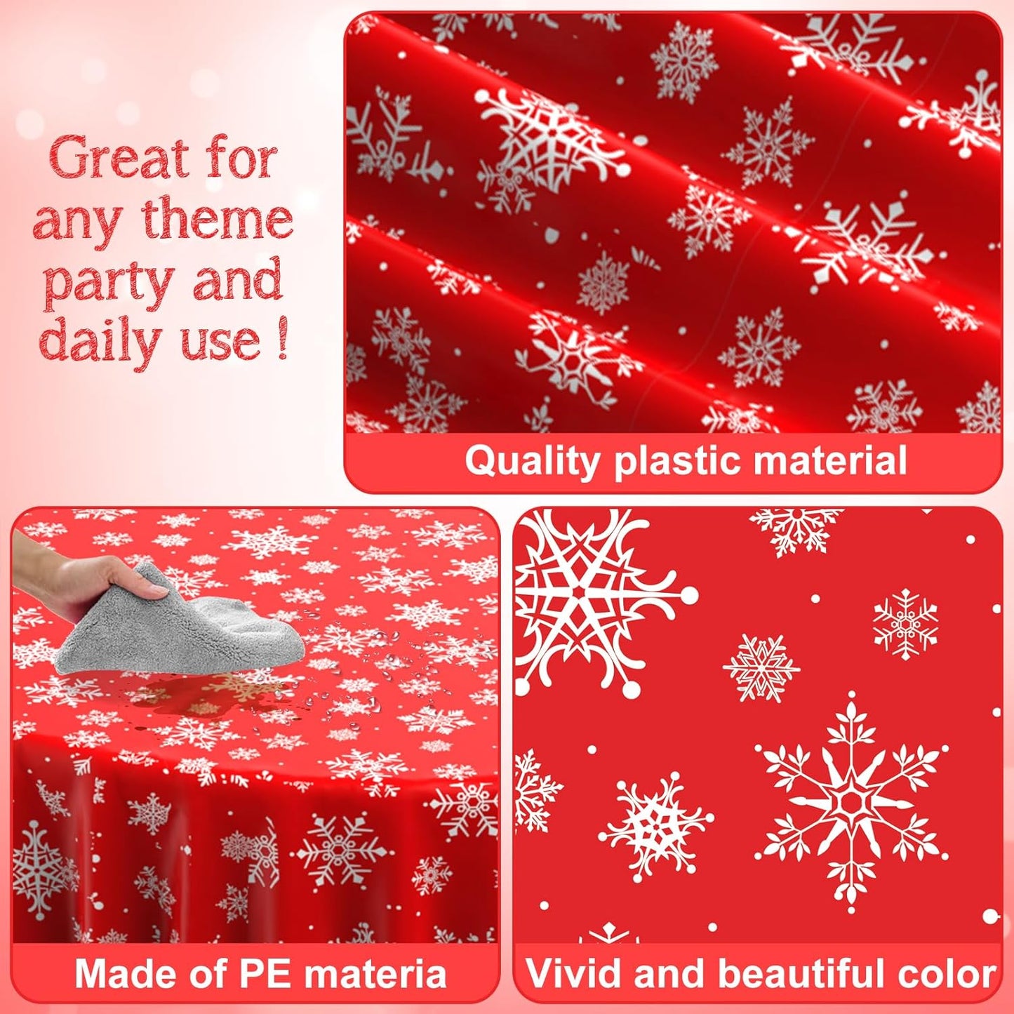 6 Pieces Christmas Snowflake Plastic Party Tablecloth Decorations, Disposable White Snowflake Red Xmas Round Table Cover Backdrop for Winter Christmas Holiday New Year Party Supplies,84 inch (Red)