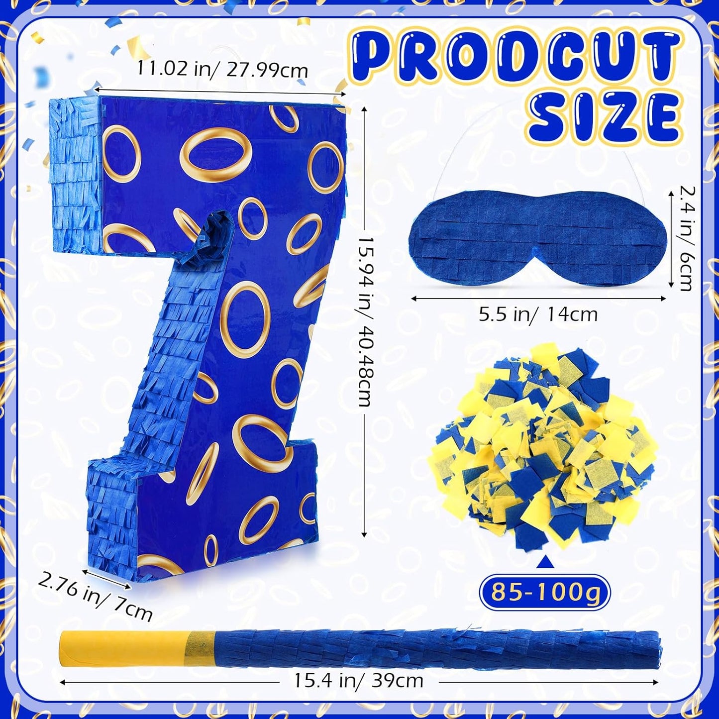 Number 7 Blue and Golden Rings Piñata for Kids Birthday Cartoon Theme Small Piñata with Blindfold Stick Confetti for Fiesta Cinco De Mayo Party Decor, 15.8 x 11 x 2.8 Inch