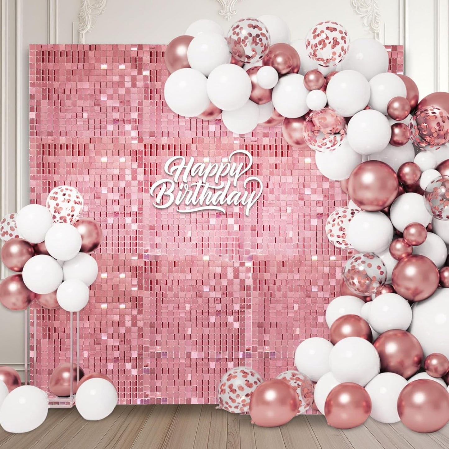 24PCS Rose Gold Shimmer Wall Backdrop, Square Sequin Backdrops Panel, Glitter Wall Background for Birthdays, Weddings, Graduation, Engagements, Disco Bachelorette Party Decoration (4FTx6FT)