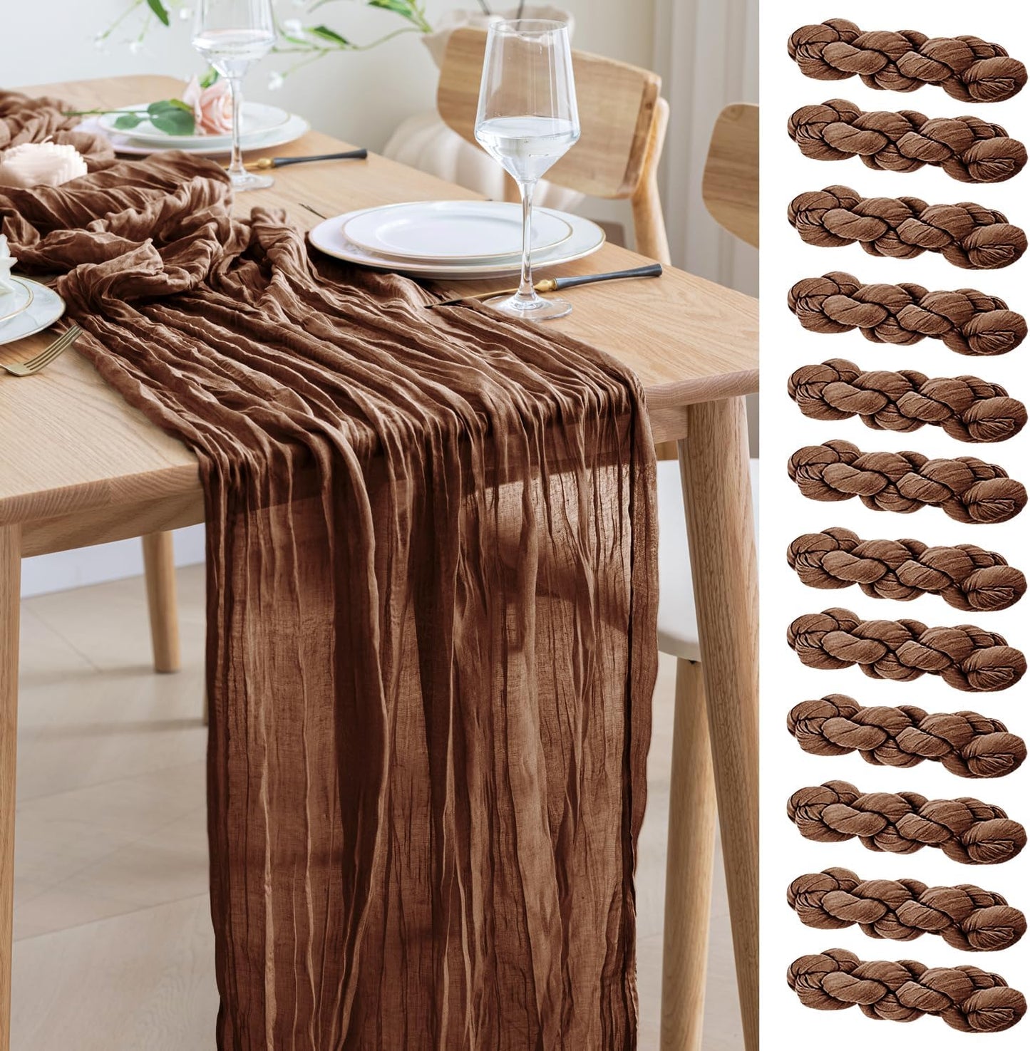 Asee'm 12pcs Cheesecloth Table Runner 120 Inches Long Brown Boho Gauze Cheese Cloth Runner 10FT Rustic Sheer Fall Table Runners for Thanksgiving Christmas Wedding Party Baby Shower Decoration