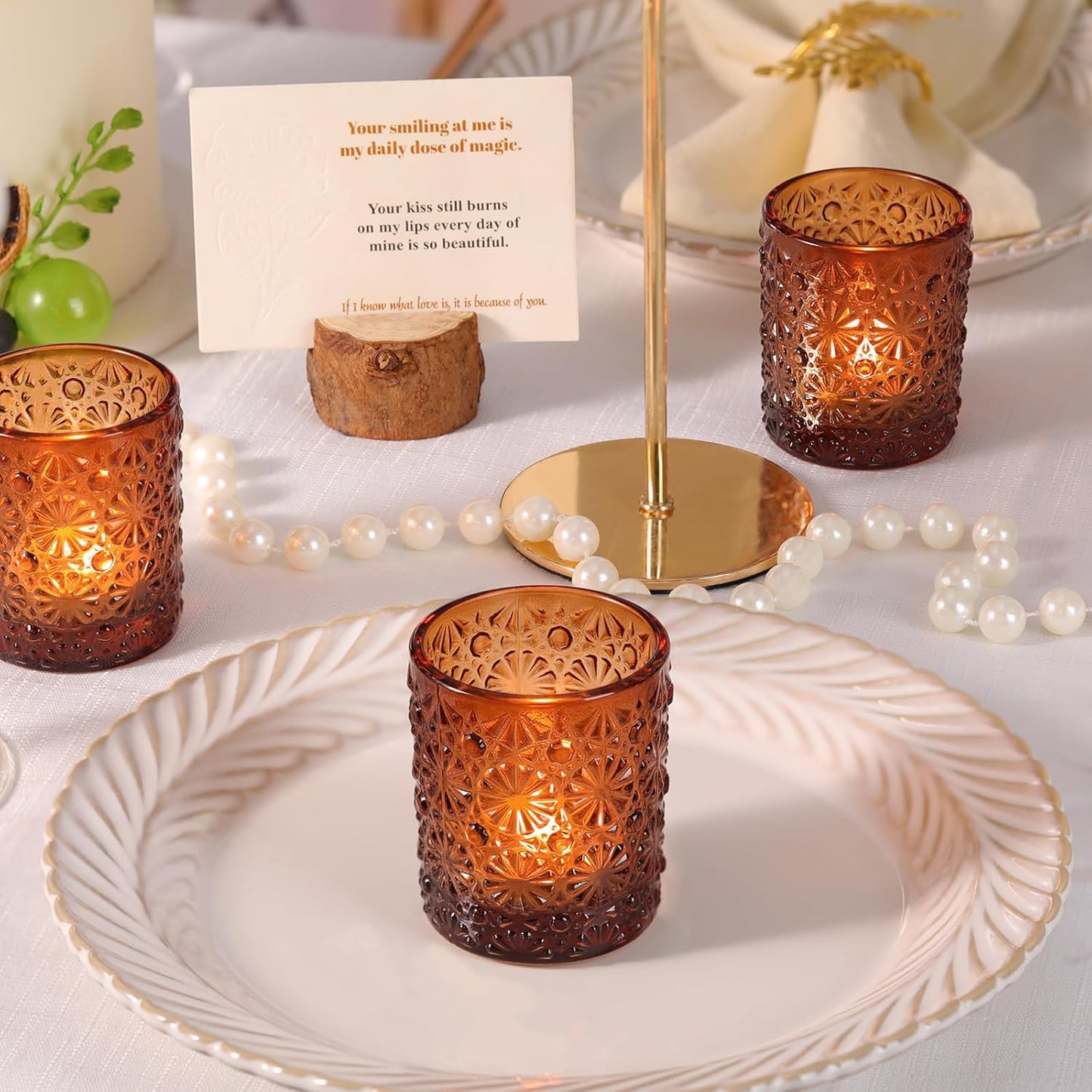 Amber Votive Candle Holder Set of 36, Flower Tea Lights Candles Holders for Wedding Table Centerpieces, Birthday Parties, Anniversary, Bridal Shower and Holiday Decorations