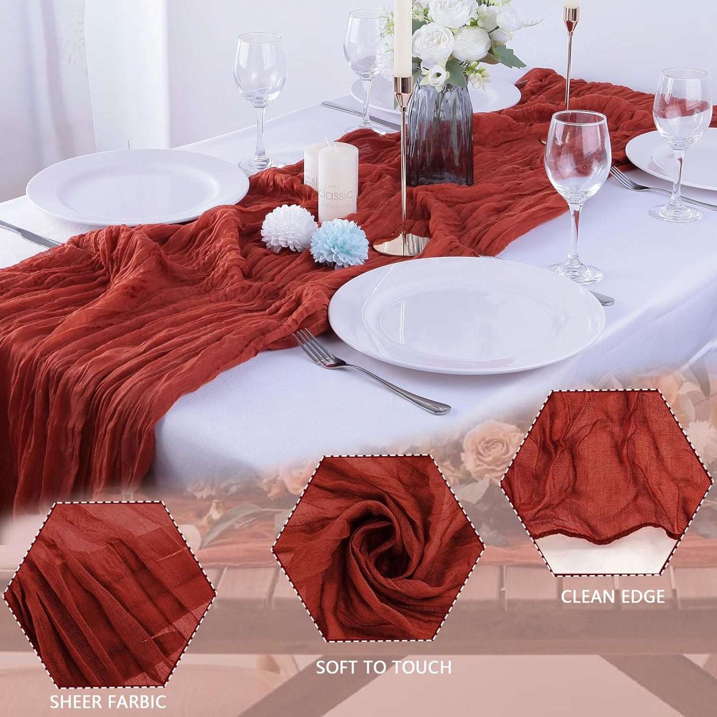 16PCS Terracotta Cheesecloth Table Runner 10FT Table Runner Cheesecloth 35x120Inch Boho Gauze Cheese Cloth Table Runner Long Rustic Sheer Table Runners for Wedding Party Baby Bridal Shower Table Decor