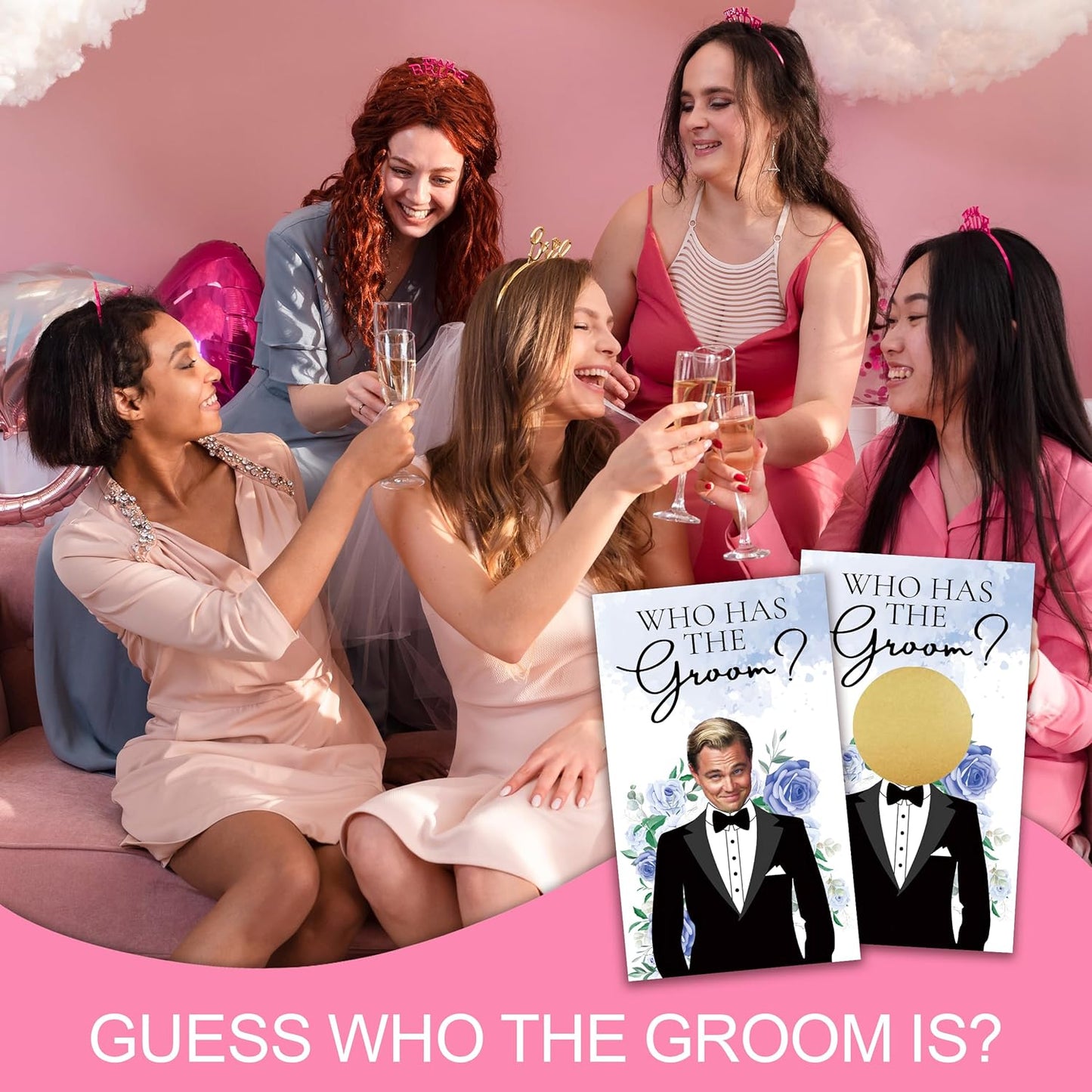 Who Has The Groom Bridal Shower Games, 41 Pcs Blue Floral Scratch Off Cards, 3.5"x 2.1" Funny Bachelorette Party Game Favor Decor, Engagement Party Ideas Activities-A04