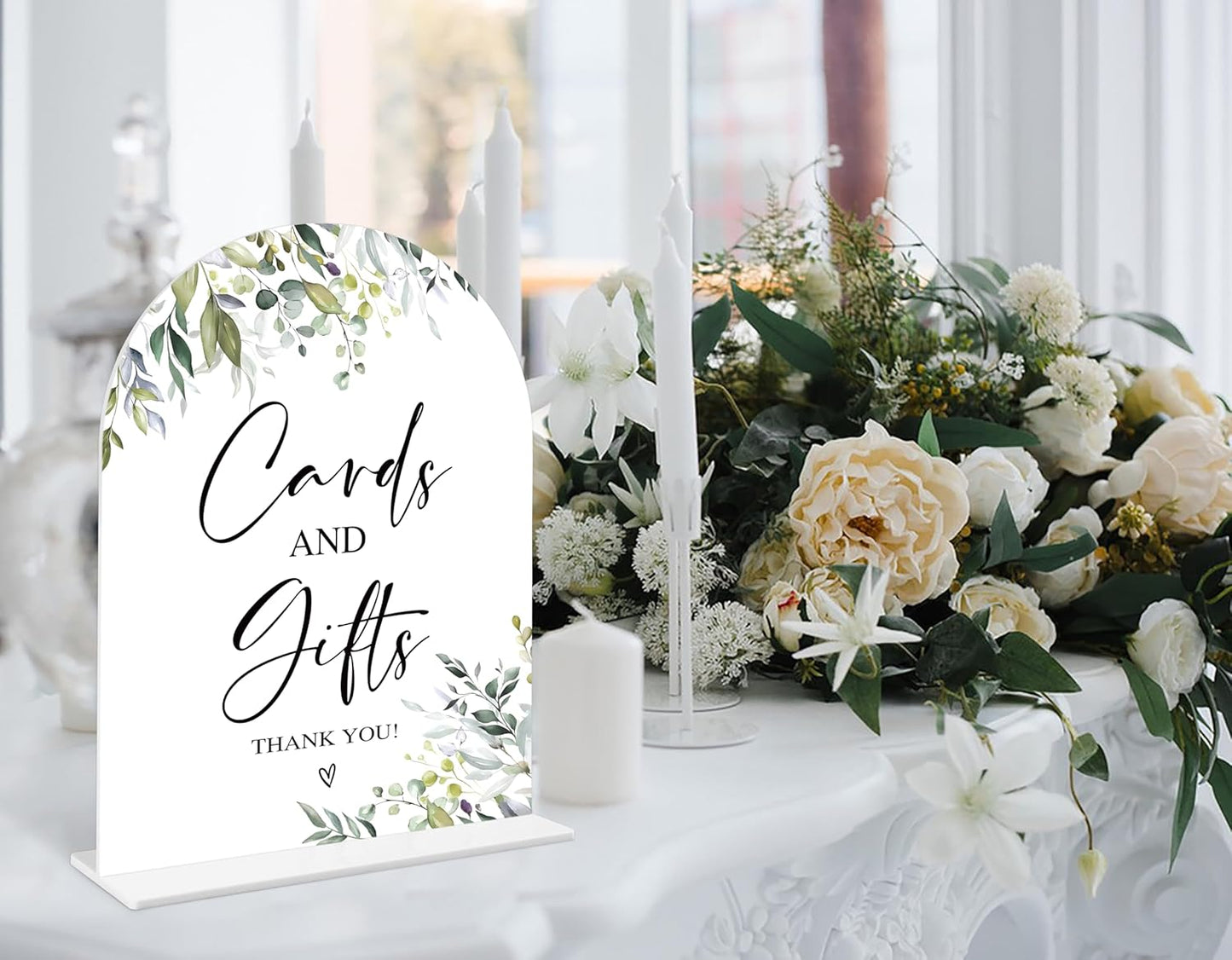 Greenery Cards and Gifts Sign, 6 x 8 Inch White Arch Acrylic Wedding Sign with Holder, Wedding Sign for Ceremony and Reception, Wedding Decoration, Wedding Supplies - LY01