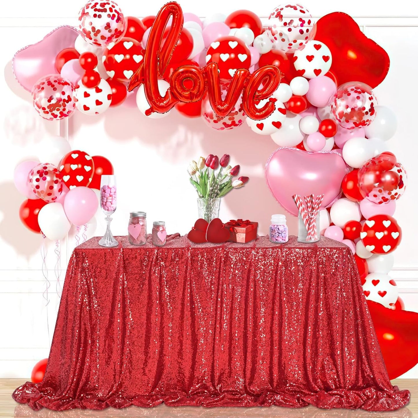 QueenDream Sequin Tablecloth 90"x156" Red Tablecloth Rectangular Party Tablecloth for Christmas Wedding Birthday Bridal Shower Decorations