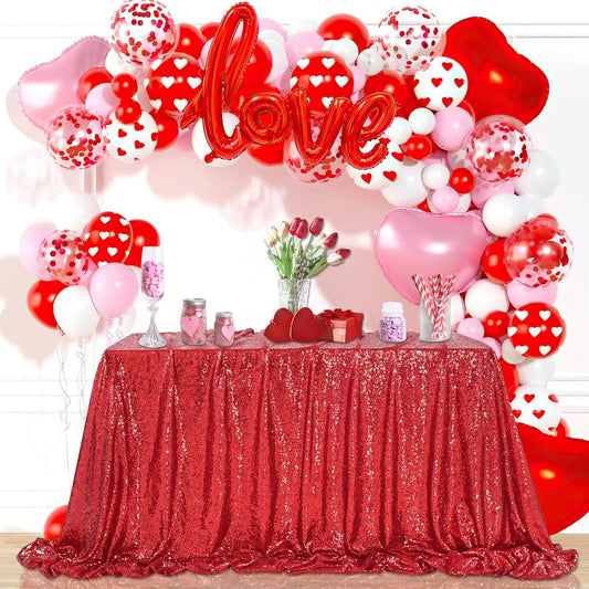 QueenDream Sequin Tablecloth 90"x156" Red Tablecloth Rectangular Party Tablecloth for Christmas Wedding Birthday Bridal Shower Decorations