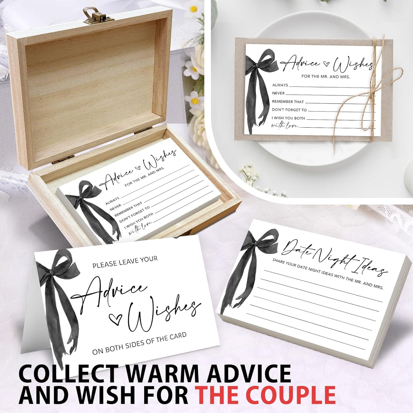 50 Pcs Advice and Wishes for the Mr and Mrs Cards in Box - Bridal Shower Guest Book - Perfect for Newlywed Games, Reception Decor, Engagement Parties & Anniversary Wishes(Black Bow) - B07