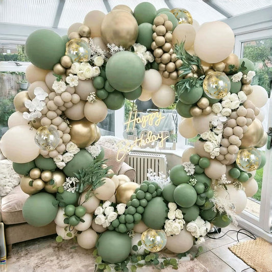 Sage Green White Sand Balloon Arch Kit, Green Beige Gold Metallic Balloons Garland Kit with Gold Confetti Balloons for Birthday Wedding Bridal Shower Bachelorette Party Decorations