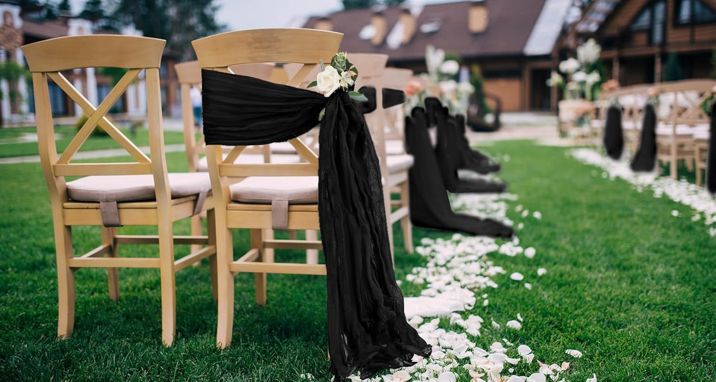 50 PCS Cheesecloth Chair Sashes, Bows Designed ChairSashes, 15.7x70 inch Chair Sashes for Aisle Decorations Universal Chairs Cover Decoration for Wedding Reception Party Banquet (Black)