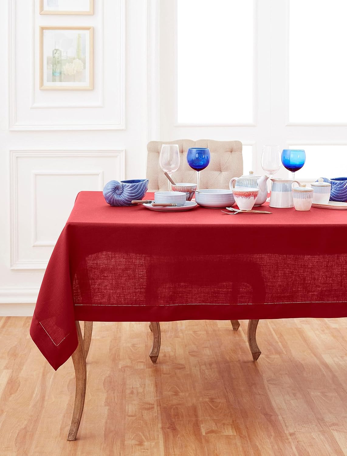 Solino Home Red Linen Tablecloth 60 x 144 Inch - 100% Pure Linen Hemstitch Table Cloth for Rectangle Tables - Classic Hemstitch, Machine Washable Tablecloth for Christmas