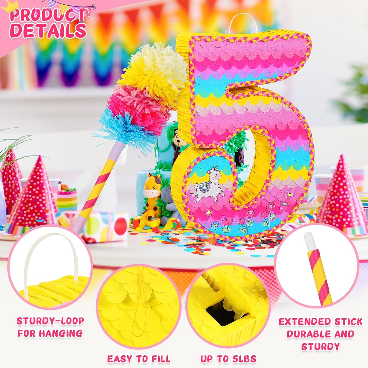 Number 5 Pinata for Birthday Party Decorations, Unicorn Mermaid Theme Pink Piñata Games Toy (5th)