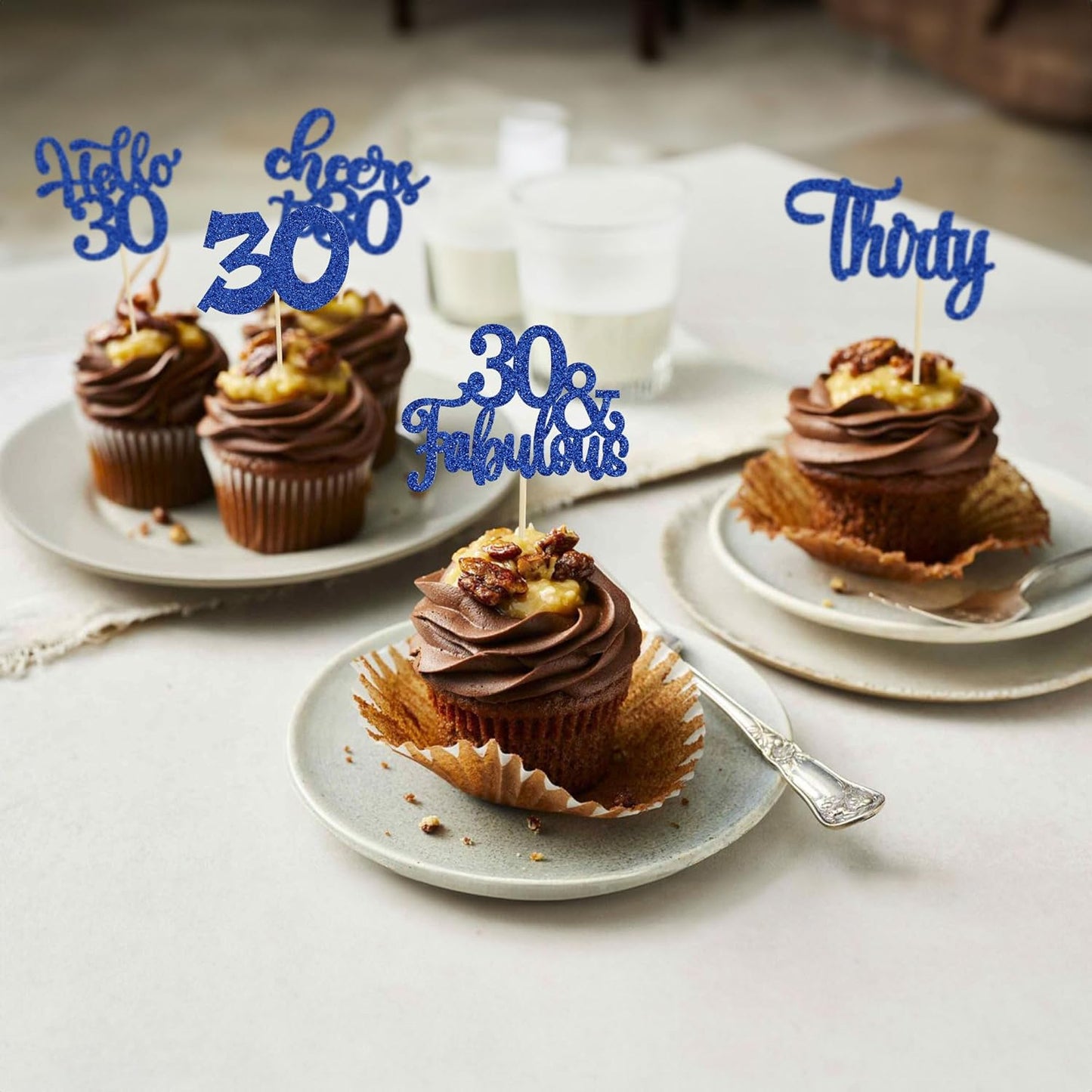 30Pcs Happy 30th Birthday Cupcake Toppers Deep Blue Glitter Thirty Cheers to 30 Birthday Cupcake Picks for Happy 30th Birthday Anniversary Party Cake Decorations Supplies