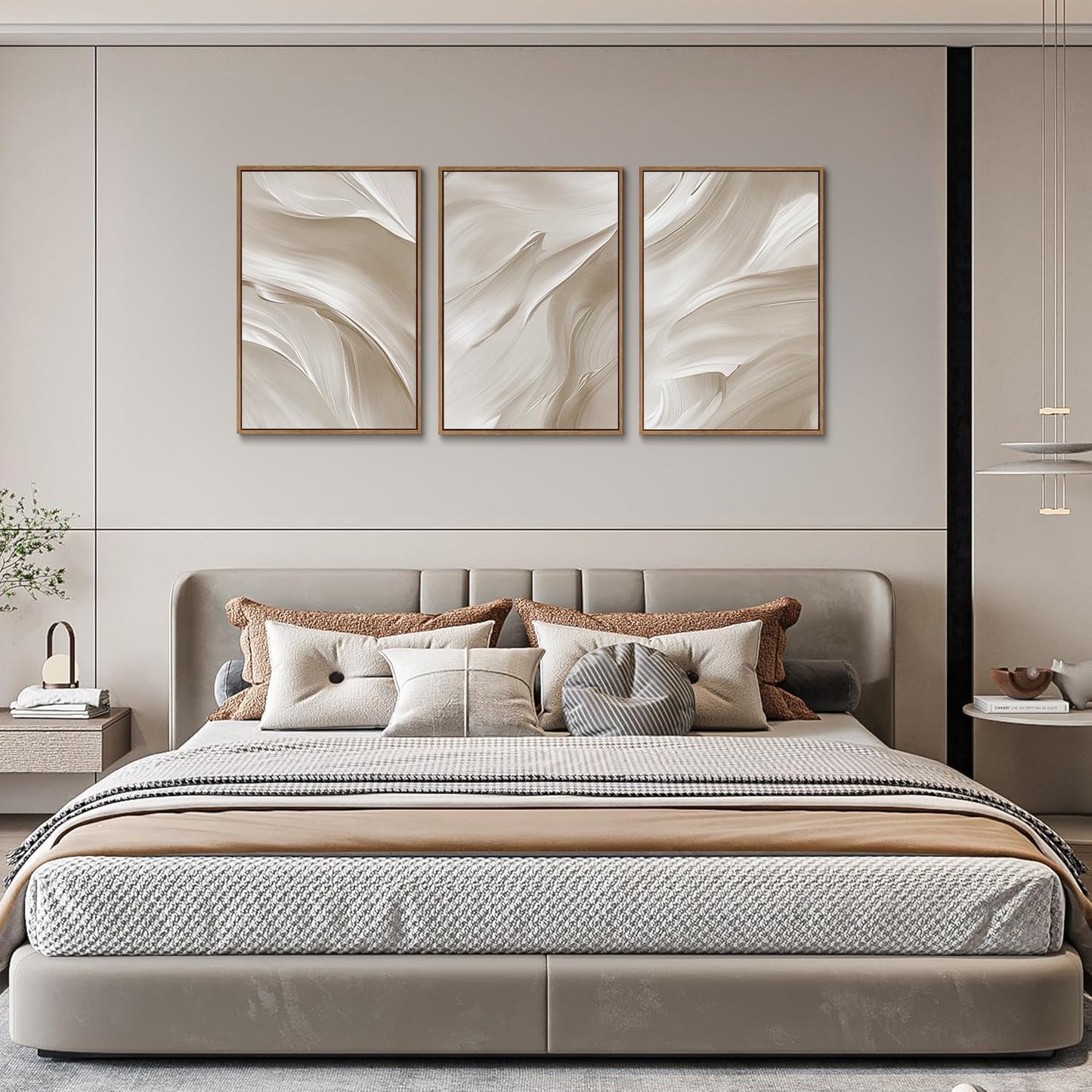 myusuar 3 Piece Large Abstract Framed Wall Art For Living Room, Smoke Texture Ink Beige White Canvas Wall Art Modern Minimalist Art Prints Wall Décor For Bedroom Office 16x24in