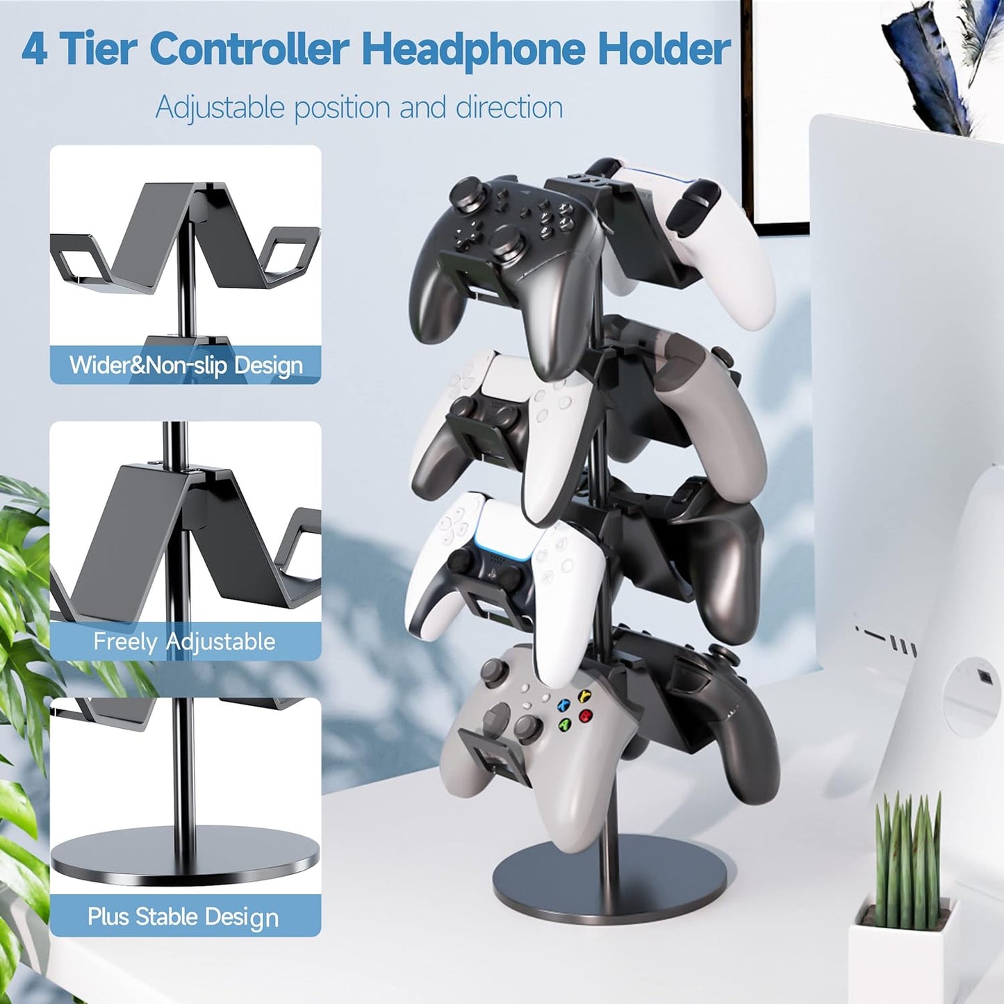 Controller Holder 4 Tier,Headphone Stand - Adjustable Headset Holder for Xbox PS5 PS4 Switch Pro - Gaming Storage for Universal Game Accessories,Desk/Floor(Black)