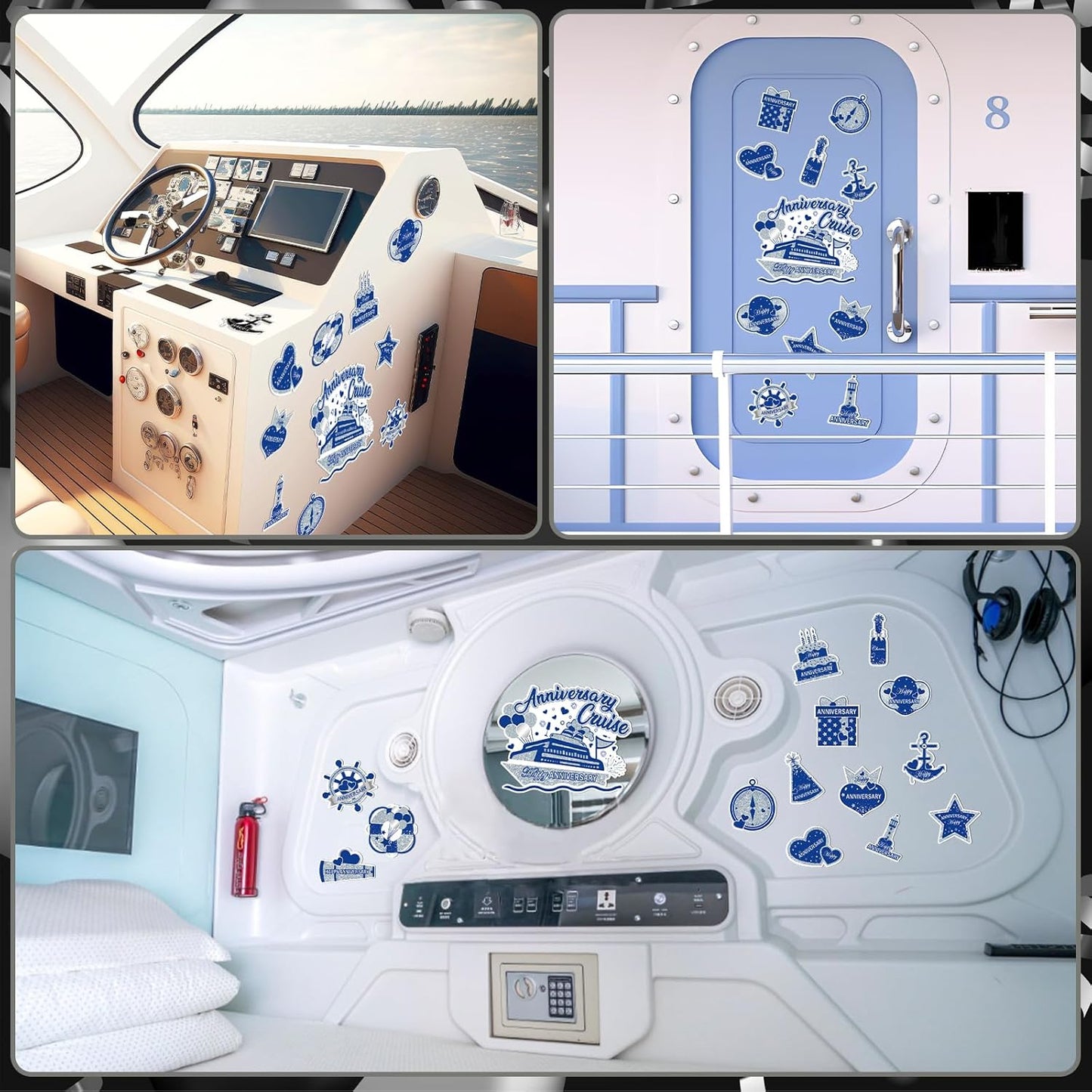 Happy Anniversary Cruise Door Magnets Decorations, Blue Silver Happy Anniversary Cruise Ship Door Decor Magnetic for Married Men Women Wedding Party Refrigerator Fridge Car Kitchen Garage Personalized