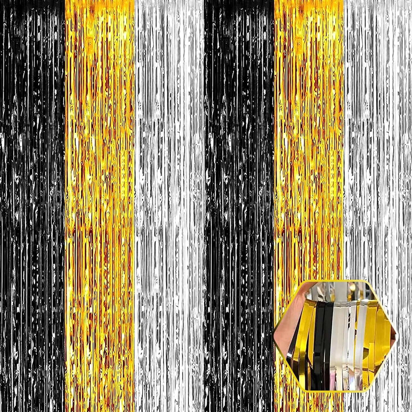 3 Pack Black Gold Silver Foil Fringe Curtain Backdrop, 3.28Ft x 8.2Ft Metallic Tinsel Foil Fringe Streamer Curtains for Photo Booth, Christmas Day, Thanksgiving, Wedding, New Year Party Decorations