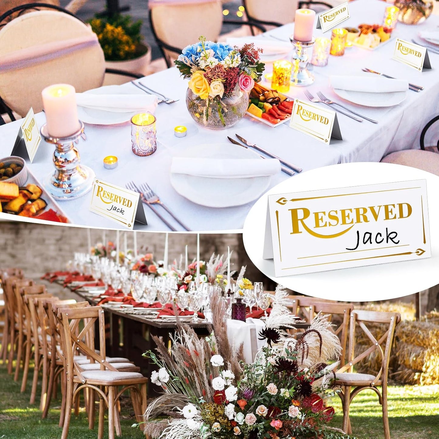 300 Pcs Paper Table Reserved Sign with Name Line Reserved Seating Signs Bulk Double Sided Signs for Reserving Seats Restaurant Wedding Reception Church Board Business Meeting (White Gold)