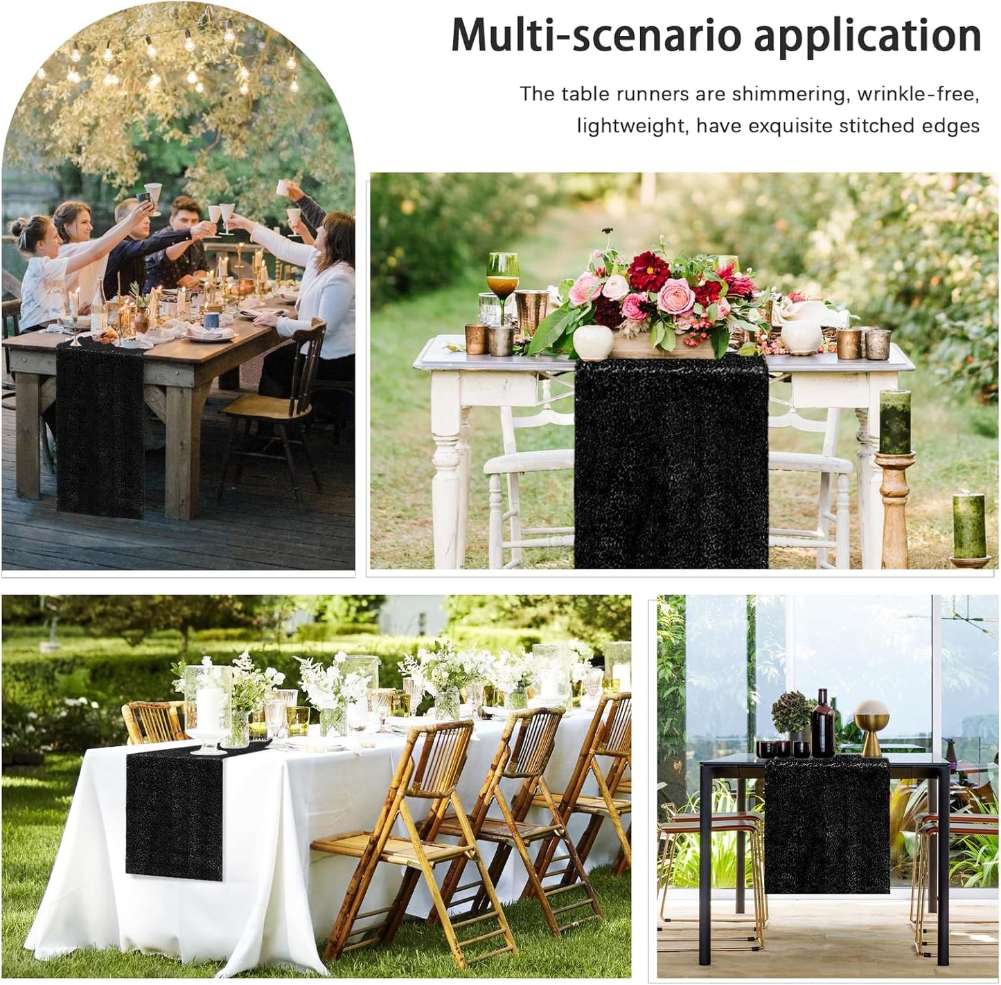 6 Packs 12 x 72 inches Sequin Table Runner, Black Glitter Table Runner for Birthday Party Supplies Wedding Engagement Baby Shower Holiday Celebration Event Decorations