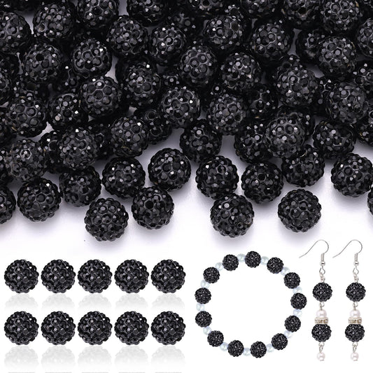 200pcs 10mm Rhinestone Beads for Jewelry Making, Black Shiny Round Disco Ball Beads Bulk, Sparkle Crystal Clay Christmas for Bracelet Baseball Necklace Earring Crafting and DIY