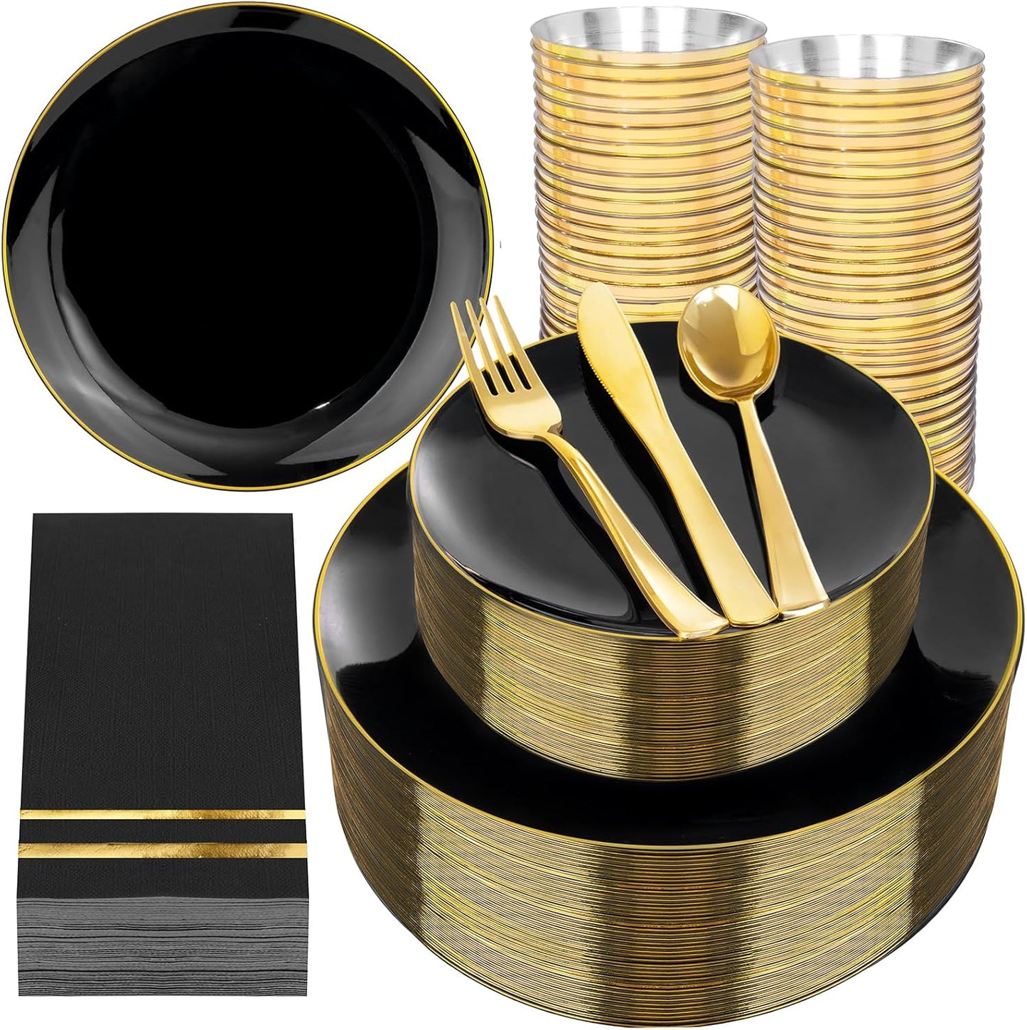 NOCCUR 350PCS Black and Gold Plastic Plates - Black Disposable Dinnerware Set for 50 Guests, 100 Dinner/Dessert Plates, 150 Gold Silverware, 50 Cups&50 Napkins for Party/Birthday/Halloween/NewYear