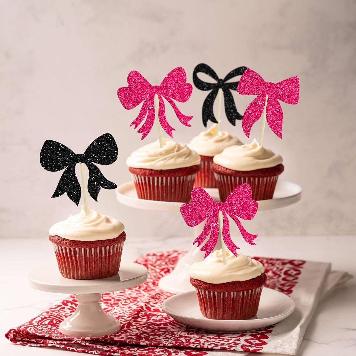 Gyufise 36Pcs Bow Cupcake Toppers Glitter Bowknot Cupcake Picks Bow Tie Birthday Decorations Bow Cake Toppers for Bridal Baby Shower Bachelorette Party Supplies Black Rose Red