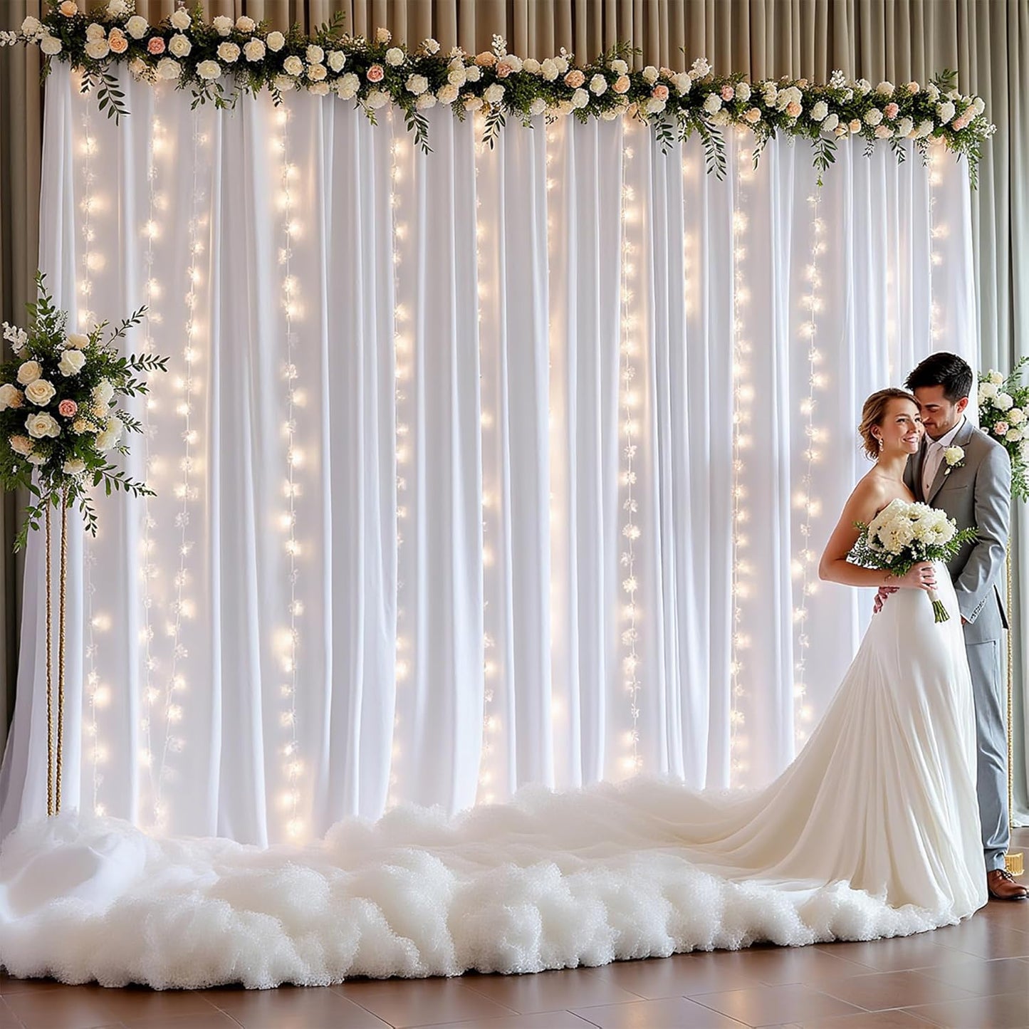 White Backdrop Curtains with Lights for Parties,10x10FT Wrinkle Free White Drapes Wedding Photo Backdrop Curtains for Baby Shower Birthday Ceremony Reception Home Party Decorations-5ft x 10ft,2 Panels