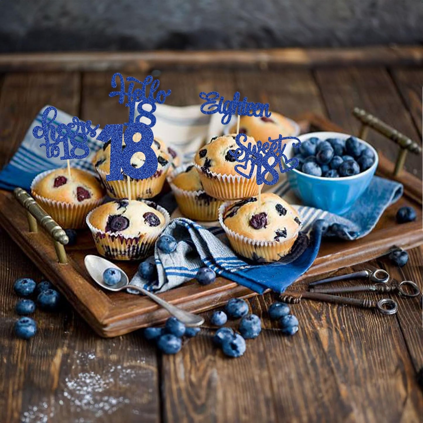 30Pcs18th Birthday Cupcake Toppers Eighteen Happy 18th Cupcake Picks Sweet 18 Cheers to 18 Cake Decorations for 18th Birthday Anniversary Party Supplies Deep Blue Glitter