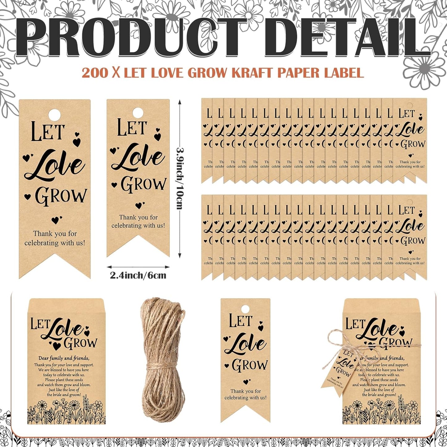 200 Sets Let Love Grow Wedding Favors for Guests Wedding Thank You Gifts Bulk Include Flower Seed Packets Tags and Hemp Ropes Craft Envelops for Bridal Shower Engagement Party Favors
