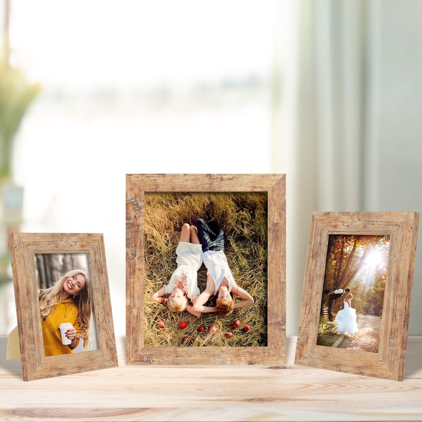 5x7 Picture Frame Set of 4, High Definition Real Glass Rustic Brown Frame, 5 x 7 Wood Photo Frames for Tabletop Display and Wall Mounting