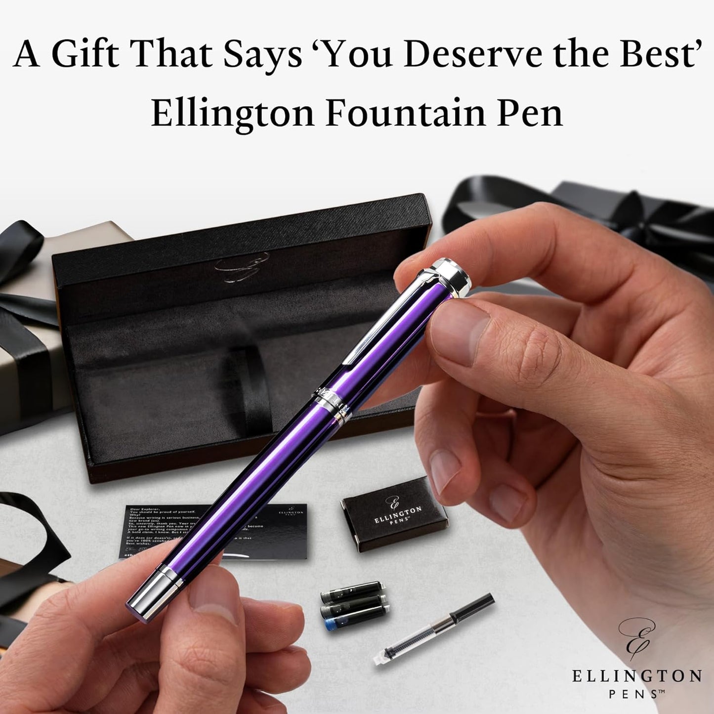 Ellington Pens Luxury Fountain Pen Set- Fountain Pens for Writing - Smooth Medium Nib - Includes Refillable Ink Converter, 3 Ink Cartridges [Black & Blue], Gift Box - Elegant Calligraphy
