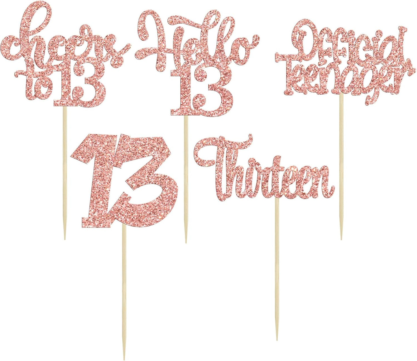 30Pcs 13th Birthday Cupcake Toppers Hello 13 Cupcake Picks Official Teenager Cheers to 13 Years Old Cake Decorations for 13th Birthday Anniversary Party Supplies Rose Gold Glitter