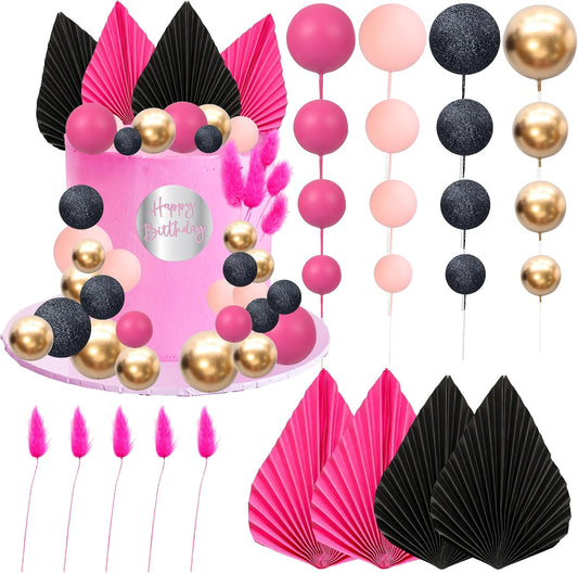Ephlyn 33 Pack Balls Cake Toppers Boho Palm Leaves Cake Decorations Round Acrylic Happy Birthday Cupcake Toppers for Birthday Wedding Baby Shower Party Supplies Pink Black