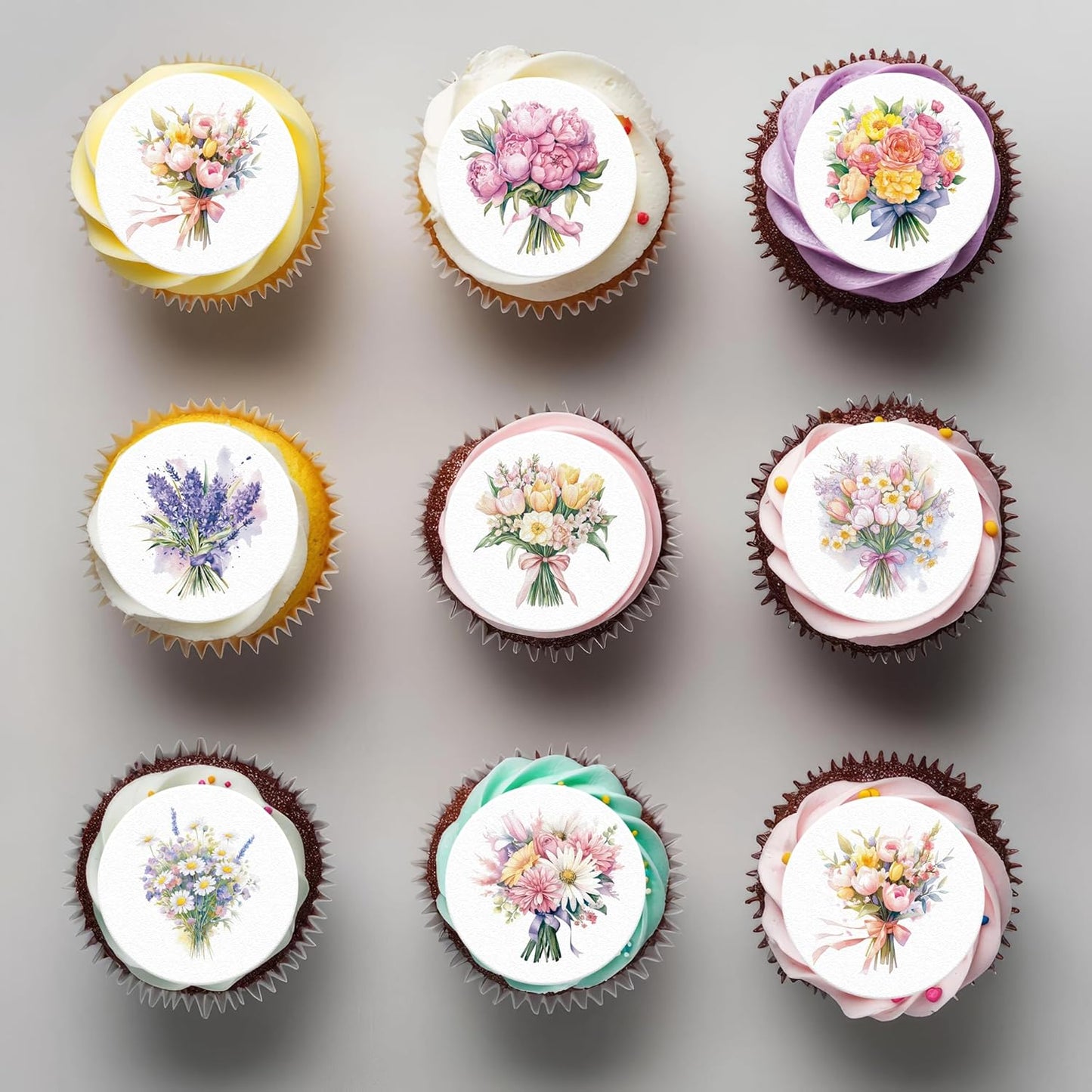 36PCS Edible Flower Bouquet Cupcake Toppers Wafer Paper Roses Daisy Lavender Flower Bouquet Decorations Flower Theme Party Birthday Baby Shower Party Supplie