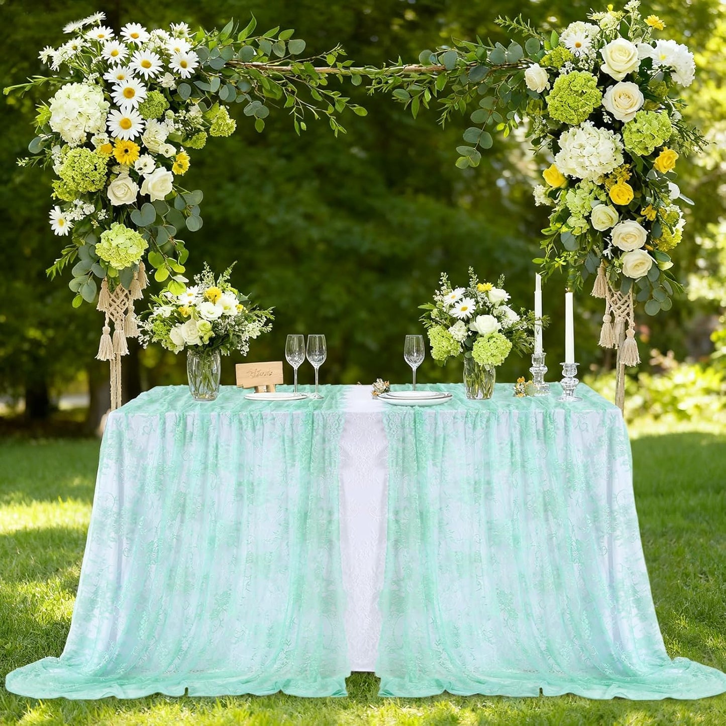 LuoluoHouse Green Lace Tablecloth 6pcs Table Fabric 60x120 Inch for Rustic Wedding Party Decoration Rectangle Overlay Long Embroidered Reception Table Cloth Decor