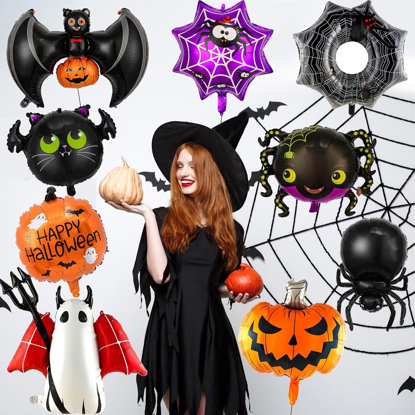 Halloween Balloons Set - 9Pcs Foil Ghost, Spider, Pumpkin & Bat Balloons for Scary Party Decorations, Indoor Outdoor Halloween Party Supplies, Haunted House, Trick or Treat (Style-1)