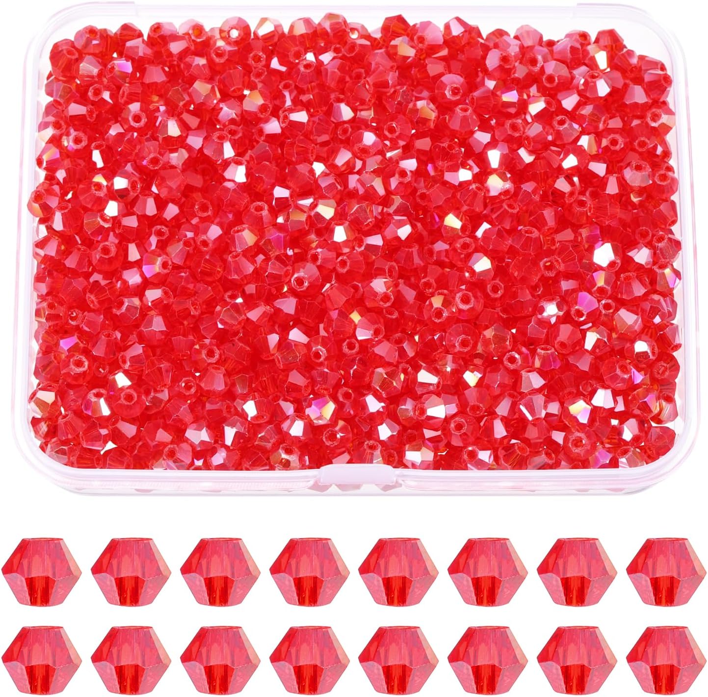 PATIKIL 1000pcs 4mm Bicone Glass Crystal Beads, Faceted Glass Spacer Beads with Box for Jewelry Making Bracelet Necklace Earrings DIY Suncatcher Craft, Red AB