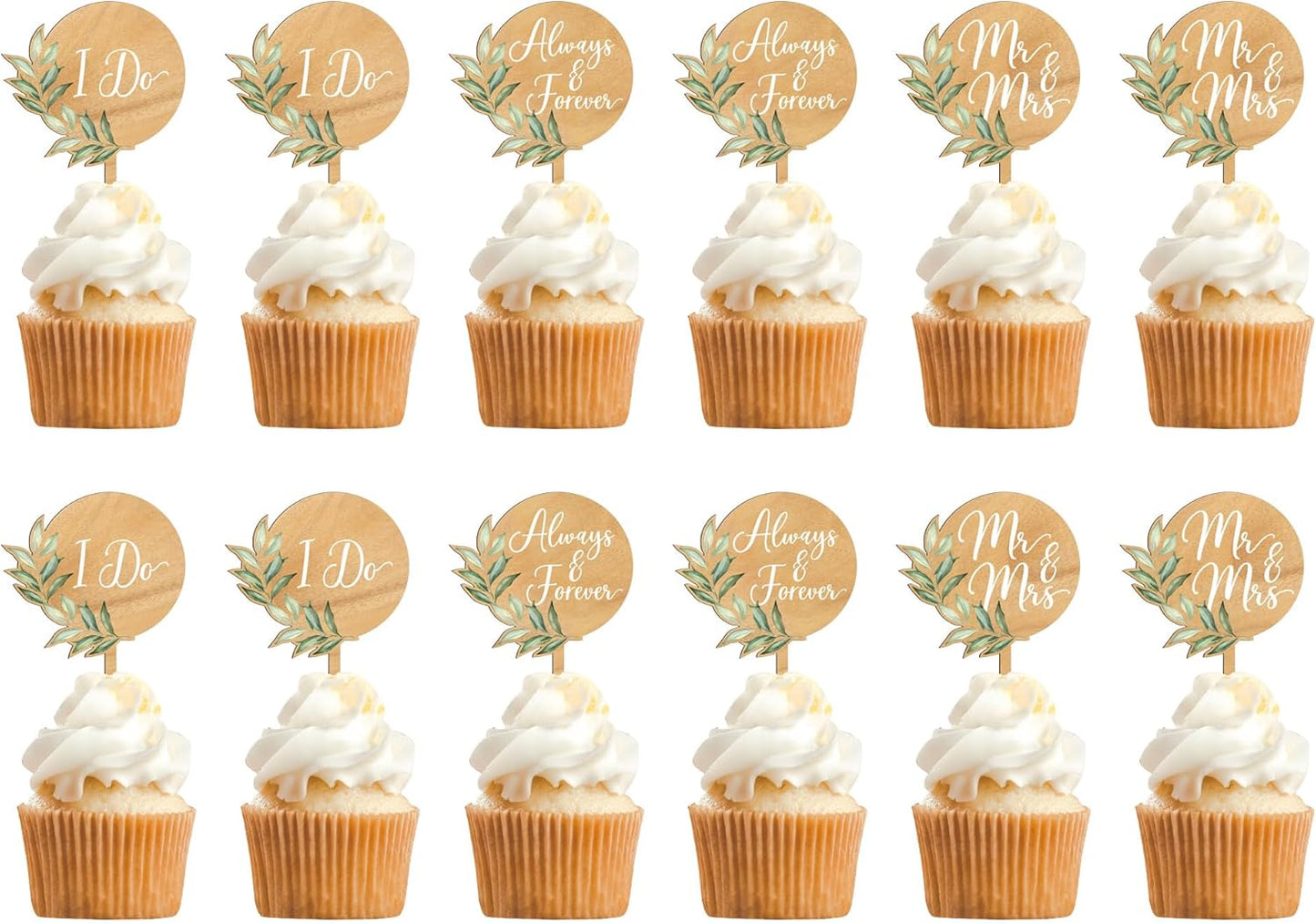 12 PCS Mr & Mrs Wedding Cupcake Toppers with Green Leaves Engagement Cake Decorations