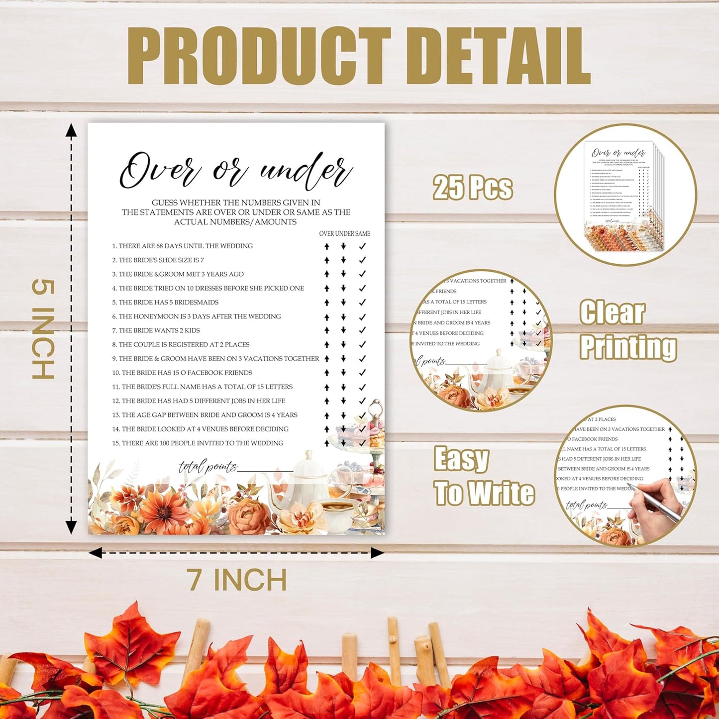 Fall Bridal Shower Games Cards, Over Or Under Wedding Bachelorette Party Games, Fall in Love Bridal Shower Decorations, 25 Cards, G04