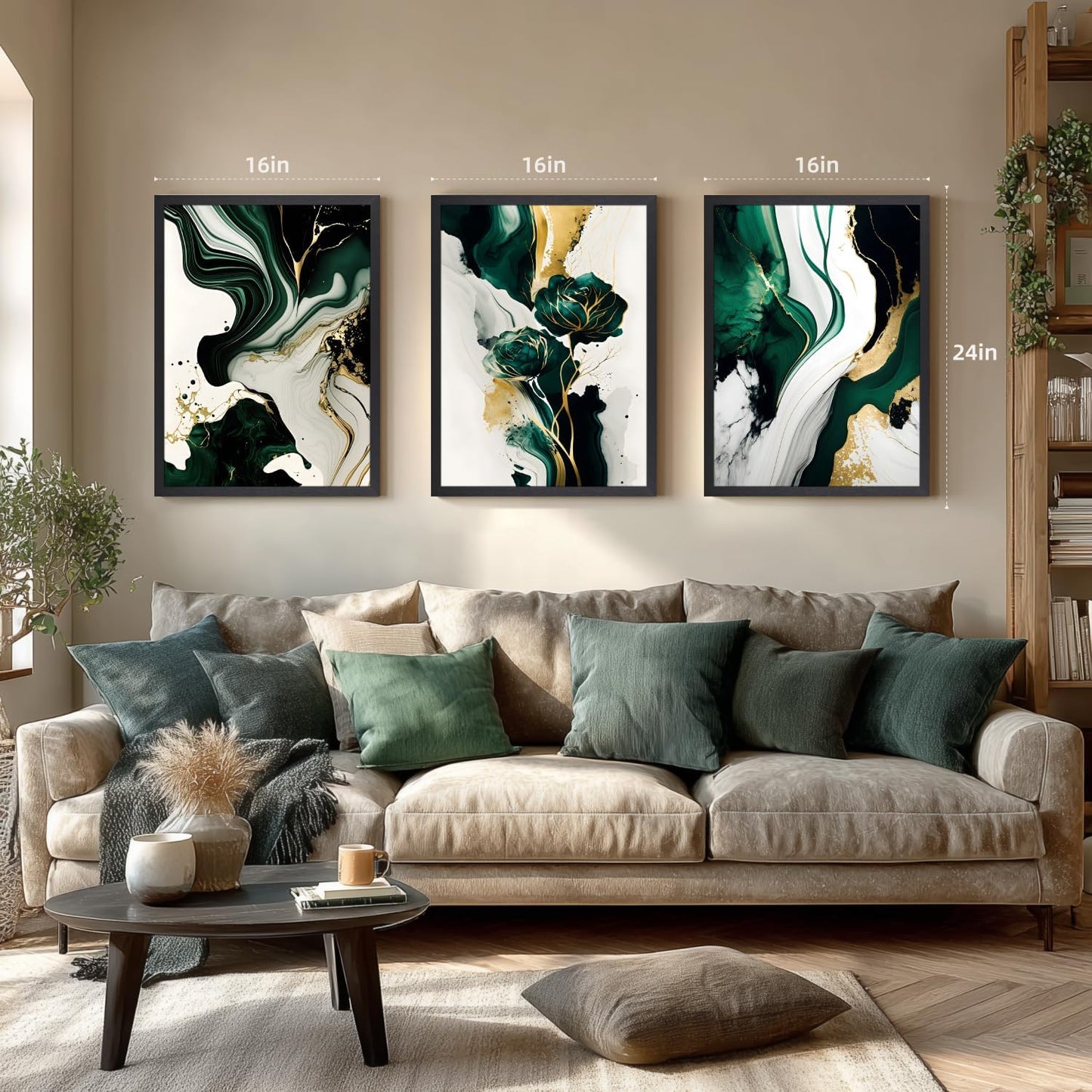 IAFWZX Wood Framed Green Gold Abstract Wall Art, Emerald Marble Textured Wall Decor, Contemporary Line Flower Canvas Paintings, Abstract Floral Poster Prints for Living Room Bedroom Office 12"x16"x3
