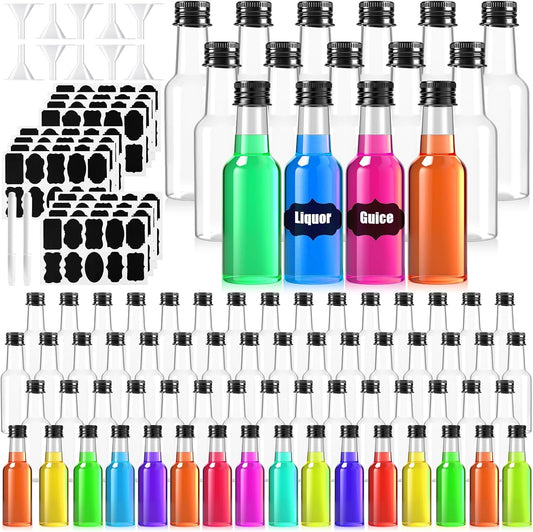 120 Pcs Mini Liquor Bottles with Black Cap, 2oz Plastic Alcohol Bottle, Mini Salad Dressing Bottles, Food-Grade Empty Spirit Bottle with Funnels for Cocktail Party Weddings