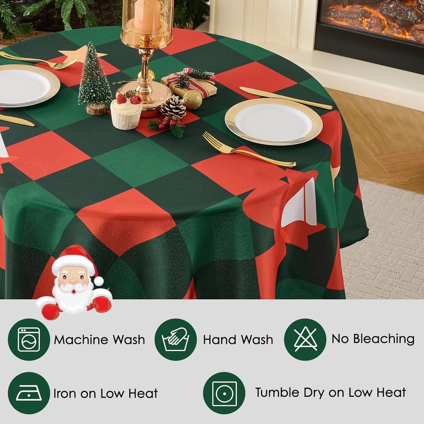 Christmas Tablecloth Round 60 Inch Waterproof, Machine Washable Checkered Polyester Table Cover for Xmas Party, Winter Holiday Home Decoration in Festive Checkered Star 1pack