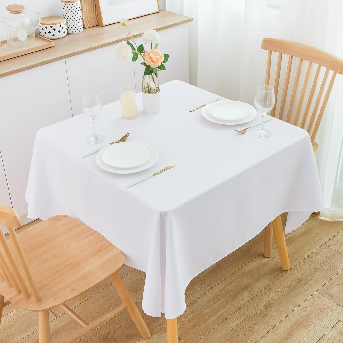 2 Pack Square Table Cloth 60X60 Inch White Washable Fabric Tablecloth Polyester Solid Dining Table Cover for Birthday Party Dinner Holiday Outdoor Indoor